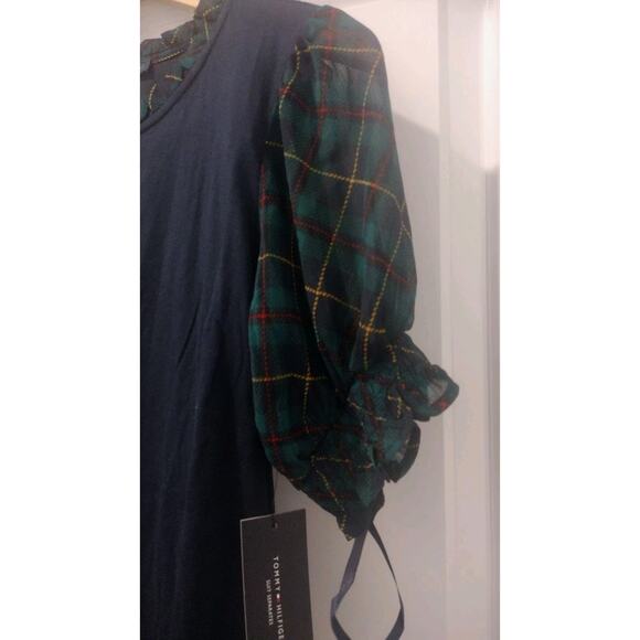 New~ Women's Tommy Hilfiger Plaid Trim Puffed Sleeve Top Medium - Picture 5 of 8